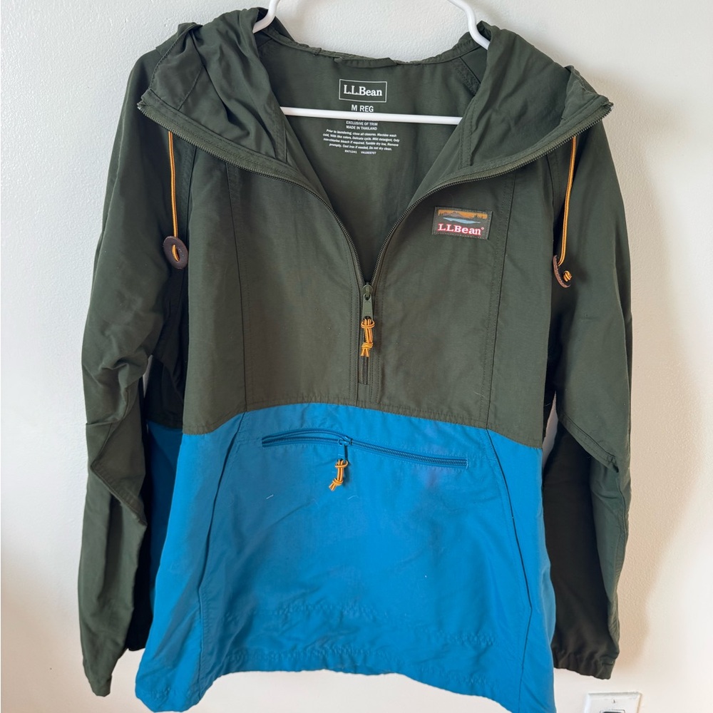 L.L. Bean Olive Green & Bright Blue Hooded Utility Anorak